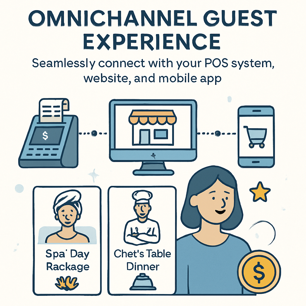 Illustration of omnichannel guest experience showing POS, website and mobile app connected to spa packages and dining rewards for hotel loyalty solutions